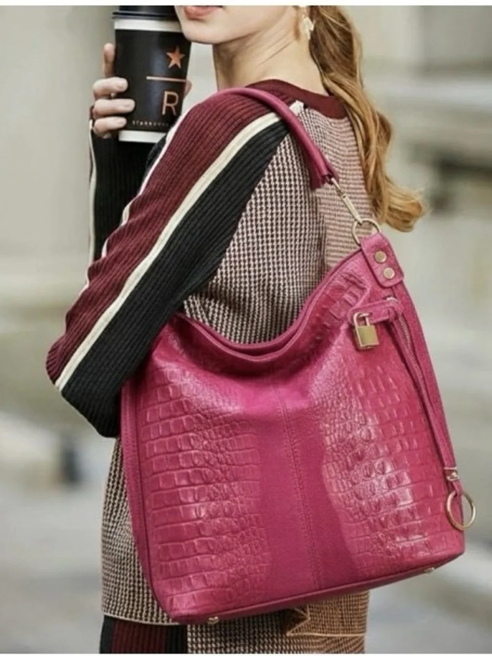 Italian Leather Fuchsia Pink Croc-Embossed Hobo Crossbody Tote Bag Purse